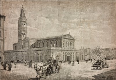 Nieuwe kerk van het Heilig Hart in Rome, Italië, gravure naar tekening van Dante Paolocci, uit L