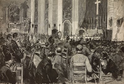 Uitvaart voor doden in Dogali in de kerk van Sant Andrea della Valle, Rome, gravure naar tekening van Dante Paolocci, uit L