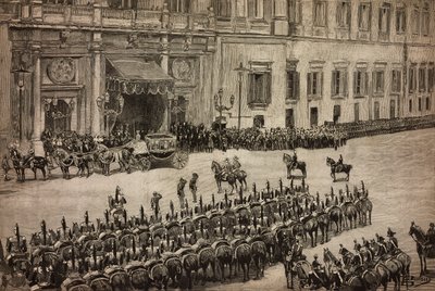 Opening van het Parlement, aankomst van koning Umberto I in Montecitorio, Rome, Italië, gravure naar tekening door Dante Paolocci, L