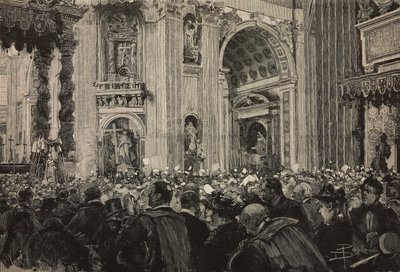 Pauselijke zegen ter gelegenheid van het Episcopaal Jubileum van Leo XIII, Sint-Pietersbasiliek, Vaticaan, gravure naar tekening van Dante Paolocci, uit L