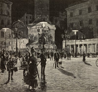 Piazza Colonna verlicht met elektrisch licht, Rome, Italië, tekening door Dante Paolocci, gravure uit L