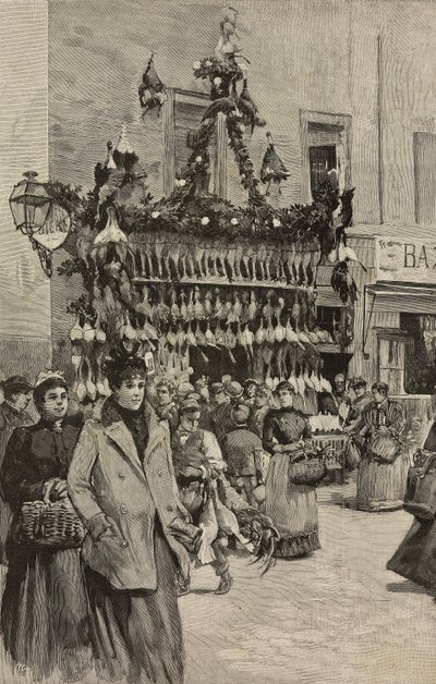 Gevogeltewinkel in Rome met Kerstmis, Italië, gravure naar tekening van Dante Paolocci, uit L
