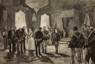 Prins van Napels, Alfonso Maria Giuseppe Alberto van Bourbon-Twee Siciliën in onderluitenant uniform, bij nieuwjaarsreceptie in Quirinal, Italië, gravure naar tekening van Dante Paolocci, uit L