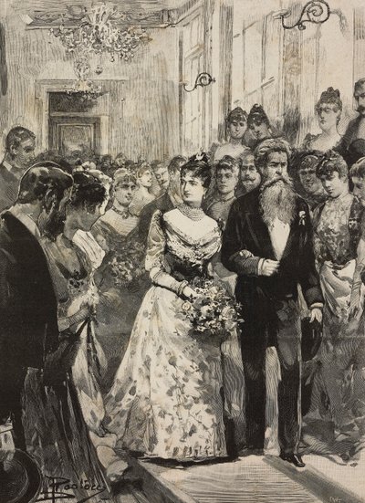 Koningin Margherita van Savoye op feest van de Artistieke Club (Circolo Artistico) van Rome, vergezeld door beeldhouwer Giulio Monteverde, Italië, gravure naar tekening van Dante Paolocci, uit L