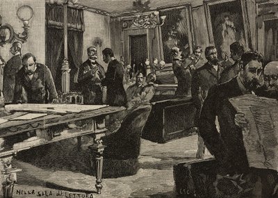 Leeszaal in Palazzo Montecitorio, Rome, Italië, gravure naar tekening van Dante Paolocci, uit L