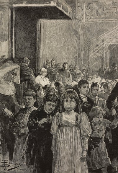 Ontvangst van kinderen bij jubileumvieringen van paus Leo XIII, Vaticaan, gravure naar tekening van Dante Paolocci, uit L