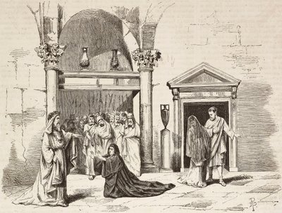 Kabinet van de Opperste Pontifex in het paleis, Postumia smeekt Fabio Massimo, Rome Vaincue door Alexandre Parodi, Act V, gravure door Dante Paolocci naar schetsen van Zandomenico, uit L