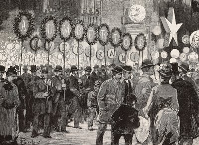 Fakkeltocht ter ere van koning Umberto I op de avond van 1 december, Rome, Italië, gravure naar tekening van Dante Paolocci, uit L