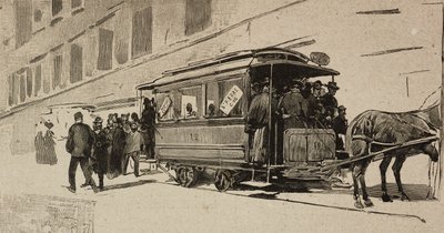 Tram naar Sint-Pieter ter gelegenheid van het Episcopaal Jubileum van Leo XIII, Rome, Italië, gravure naar tekening van Dante Paolocci, uit L