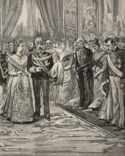 Umberto I en Margherita van Savoye bij concert ter gelegenheid van hun zilveren huwelijk, Palazzo del Quirinale, Rome, Italië, gravure naar tekening van Dante Paolocci door Dante Paolocci