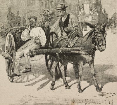 Waterverkoper (acquarolo), die water verkoopt van de Acetosa-fontein in de straten van Rome, Italië, gravure naar tekening van Dante Paolocci, uit L