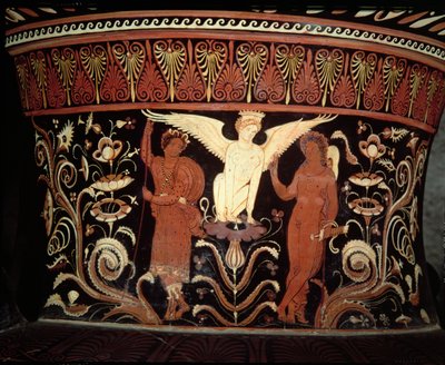 Apulische roodfigurige voluutkrater, detail van de nek met Oedipus en de Sfinx door Darius Painter