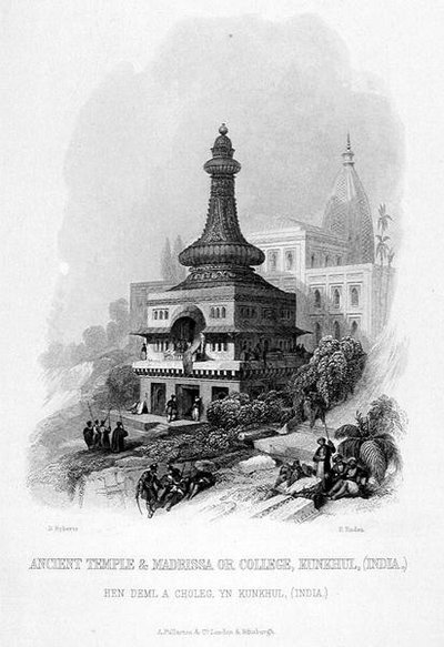 Oude tempel en Madrissa of college, Kunkhul, India, gegraveerd door E. Finden, uit 