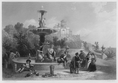 De fontein in Madrid (gravure) door David (after) Roberts