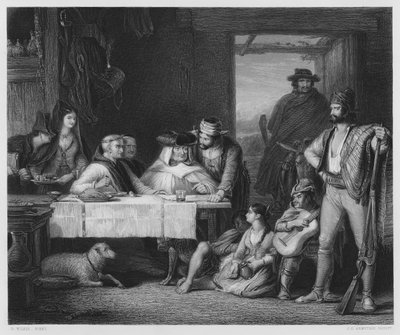 Een Guerrilla Oorlogsraad, in een Spaanse Posado, het schilderij in de Koninklijke Collectie door David (after) Wilkie