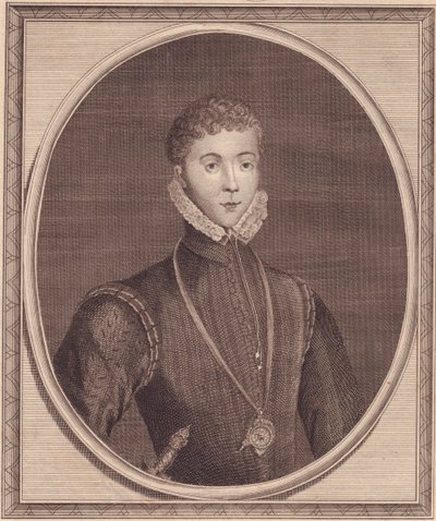 Portret van Henry Stuart, Lord Darnley (1545-1567), koning-gemaal van Schotland, kopergravure door John Goldar naar schilderij van Lucas de Heere door John Ward Dunsmore