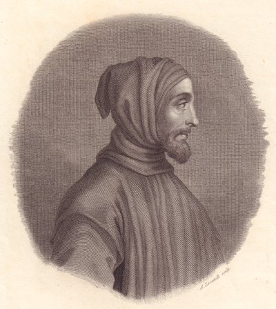 Portret van Italiaanse schilder Cimabue (circa 1240-1302), kopergravure door Locatelli naar portret door Simone Senese door John Ward Dunsmore