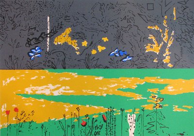 Tuin, donkere rand met blauwe lelies door David Alan Redpath Michie