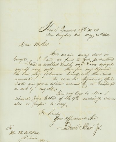 Brief ondertekend door David Allan, Jr., Hoofdkwartier 29e M.V.I., nabij Kingston, Ga., aan zijn moeder Mevr. M.A. Allan, St. Louis, Mo., 20 mei 1864 door David Allan
