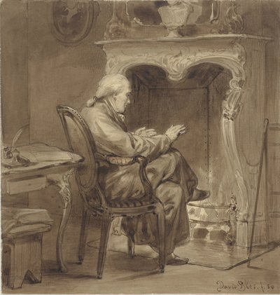 Oude man warmt zich bij de haard door David Bles