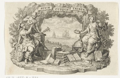 Vignet met Mercurius, Minerva en Rechtvaardigheid door David Coster