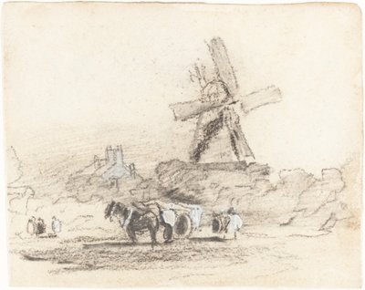 Een kar met twee paarden bij een windmolen door David Cox