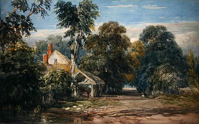 Een huisje en schuur aan de rand van een bos door David Cox