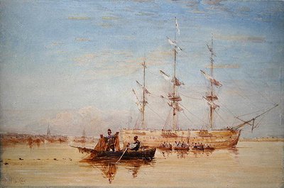 Een oorlogsschip voor anker in de Theems door David Cox