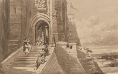 Figuren op de buitentrap van een kasteel door David Cox