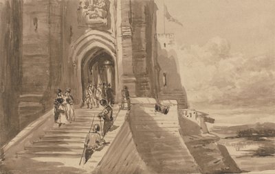 Figuren op de buitentrap van een kasteel door David Cox