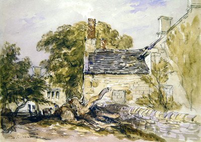 Figuren buiten een oud stenen huisje door David Cox