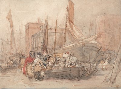 Havengezicht, met vissersboten die worden uitgeladen door David Cox
