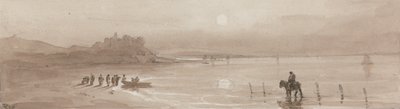 Zeekust, zonsondergang met het kasteel van Harlech door David Cox