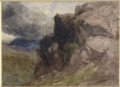 Rotsachtig landschap in Wales met figuur die tekent op de voorgrond rechts door David Cox d.Æ.