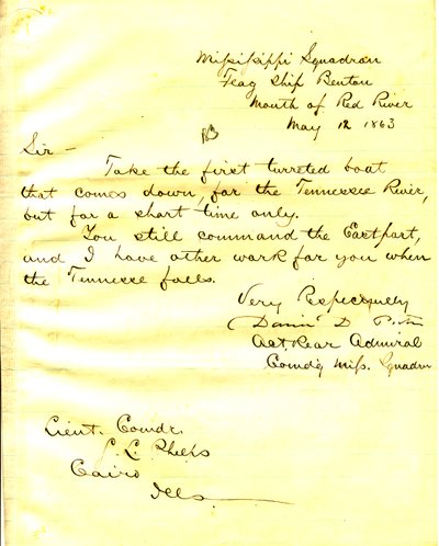 Brief van David D. Porter, U. S. S. Benton, monding van de Rode Rivier, aan Seth Ledyard Phelps, Cairo, Illinois, 12 mei 1863 door David D. Porter