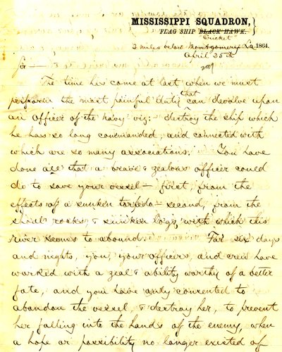 Brief van David D. Porter, U. S. S. Cricket, 2 mijl onder Montgomery, Louisiana, aan [Seth Ledyard] Phelps, commandant U. S. S. Eastport, 2 mijl onder Montgomery, Louisiana, 25 april 1864 door David D. Porter