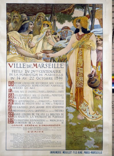 Poster voor de vieringen van de 25e eeuw van de oprichting van de stad Marseille van 14 tot 22/10/1899 door David Dellepiane
