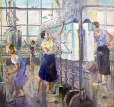 Het vijfjarenplan - Vrouwenwerkplaats in de Sevkabel-fabriek door David Efimovich Zagoskin