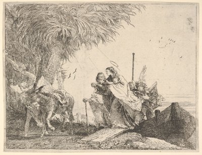 Maria, geholpen door Jozef en een engel, stapt van een boot naar de kust, een engel houdt haar vast door David Giovanni