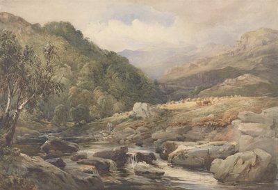 Landschap met beek en hooibouwers door David Hall McKewan