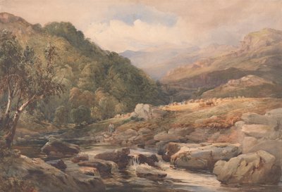 Landschap met stroom en hooimakers door David Hall McKewan