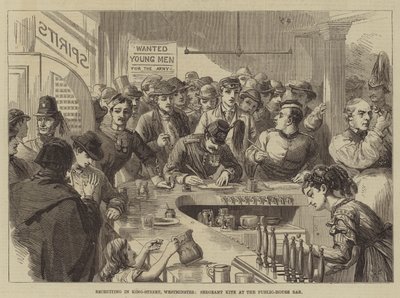 Werving in King-Street, Westminster, Sergeant Kite aan de bar van het café door David Henry Friston