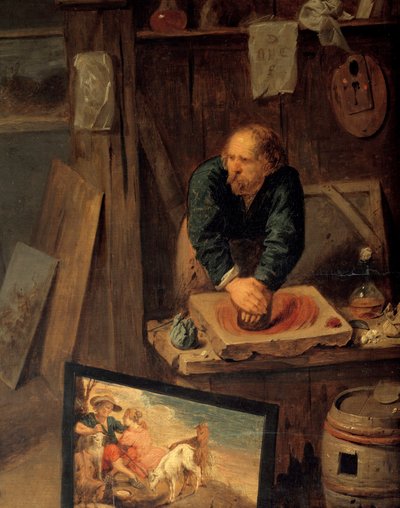 Schilderatelier met model dat poseert en kleurmenger (detail). Schilderij door David III Ryckaert (1612-1661), Vlaamse School door David III Ryckaert