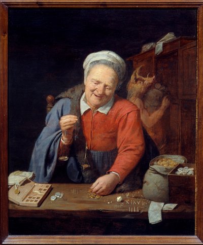 De goudweger. Een oude vrouw weegt goudstukken terwijl op de achtergrond een man met een zwijnenkop zakken in de kast opbergt. Schilderij door David III Ryckaert (1612-1661) door David III Ryckaert