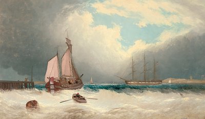 Een schuit die de haven uitvaart, een fregat voor anker daarachter door David James