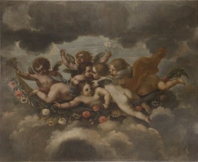Putti die met bloemen versieren door David Klöcker Ehrenstrahl