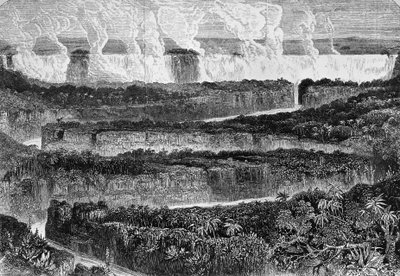 Uitzicht op de grote watervallen van de Zambezi, bekend als Mosi-oa-Tunya of Victoria Falls, Zambia, gravure uit Verhaal van de expeditie naar de Zambezi en zijn zijrivieren, door David Livingstone en Charles Livingstone door David Livingstone