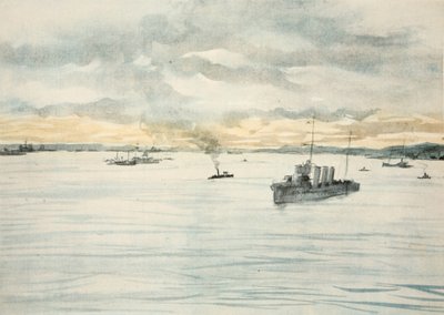 Een torpedobootjager in een haven, illustratie uit 