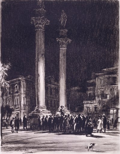 Een goedkope koopman tussen de Romeinse zuilen van de Almeda de Hercules, Sevilla door David Muirhead Bone