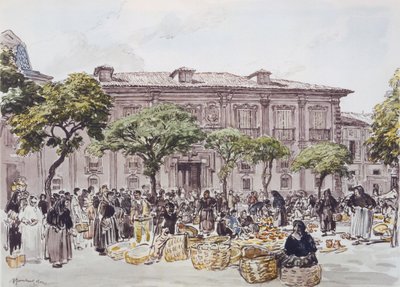 Markt buiten een paleis, Oviedo door David Muirhead Bone